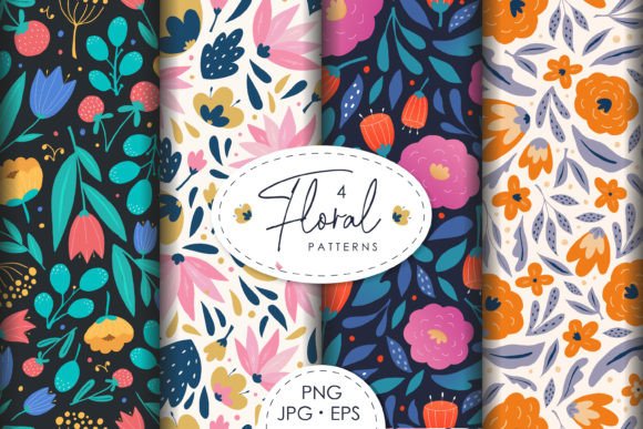 4 FLORAL PATTERNS EPS PNG JPG: Seamless Digital Designs for Real Creative Work