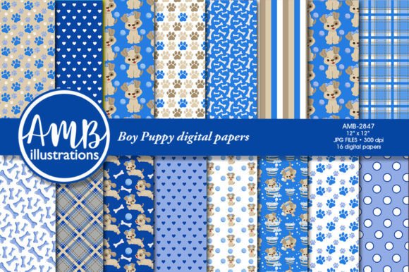 Boy Doggy Pup Paper Patterns 2847: Adorable Blue Boy Puppy Digital Backgrounds for Real Projects