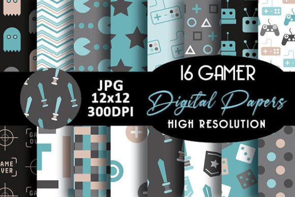 Grey Gamer Geek Digital Papers Patterns